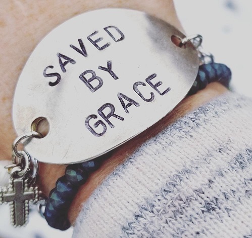 Hand stamped Saved by Grace bracelet