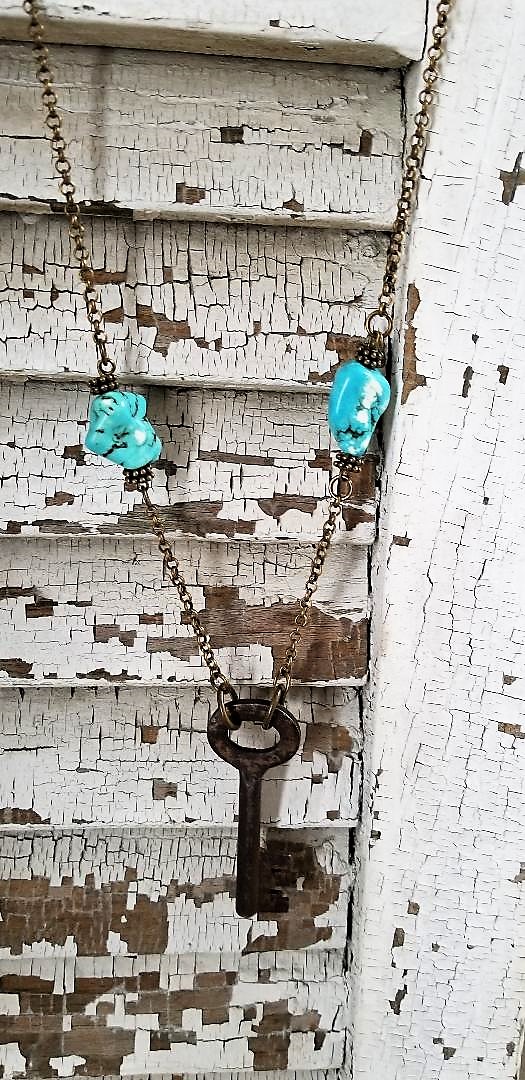 Turquoise necklace with Rustic key